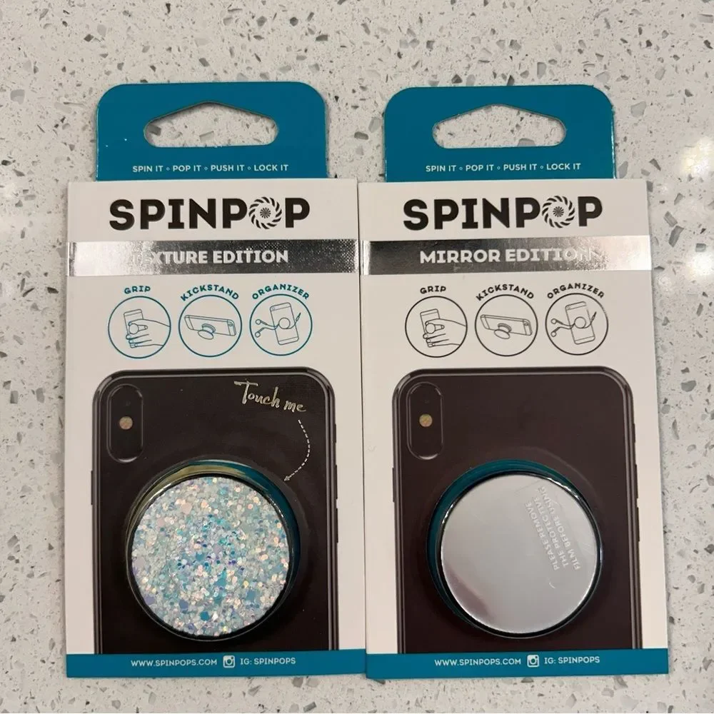 Lot of 2 NWOT SPINPOP Mirror & Sparkle phone Stand Secure Grip Cable Organizer